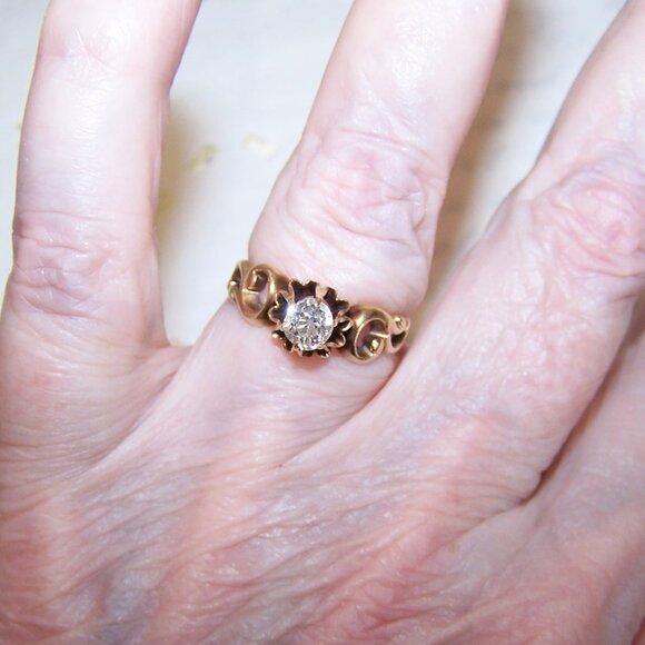 Antique Victorian 14K Gold .50 CT Old Mine Cut Diamond Engagement Ring - Size 7 - Picture 1 of 9